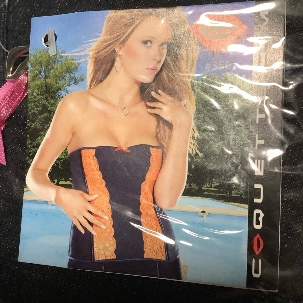 COQUETTE Denim & Fuchsia Lace Bustier. Size L